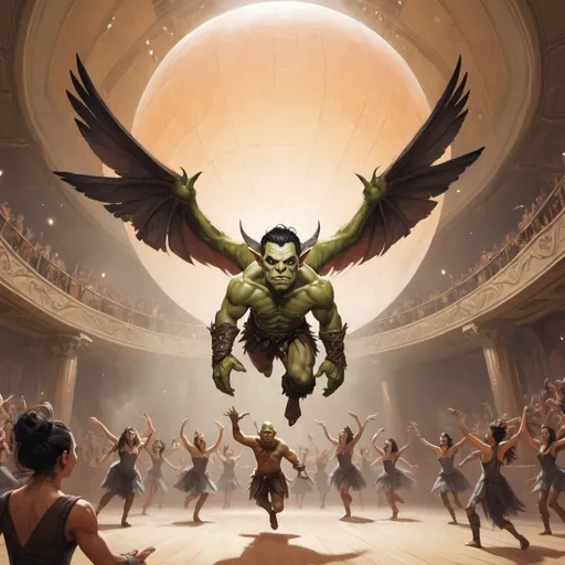 Prompt: a half human, half orc with wings, flies around a large ball room over the heads of dancers