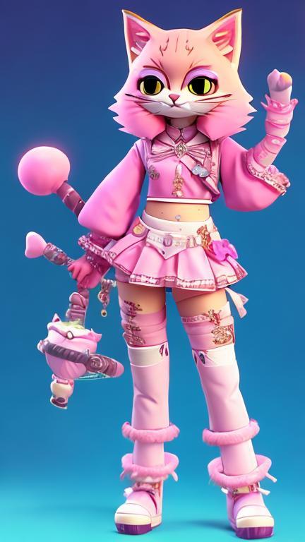 Prompt: Small Kawaii Cute Popstar Idol Pink Tabaxi Cat Bard