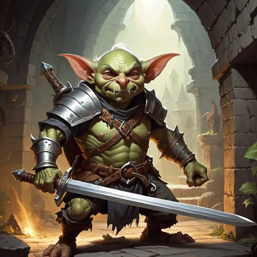 Prompt: Warrior with sword, mouseling, dungeons and dragons, fightting goblin in dungeon