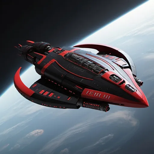 Prompt: Spaceship, futuristic, inspired by star trek, big engine black and red plates 