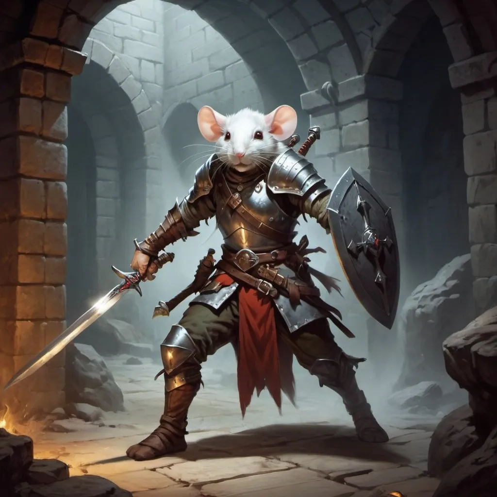 Prompt: Warrior with sword, mouse race, dungeons and dragons, in dungeon