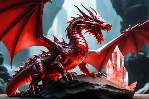 Prompt: cristal red shard in fantasy setting, wide picture, in background dragon and  warrior