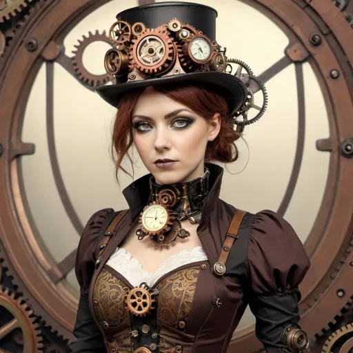 Prompt: Female steampunk android, steampunk, gears and springs, victorian