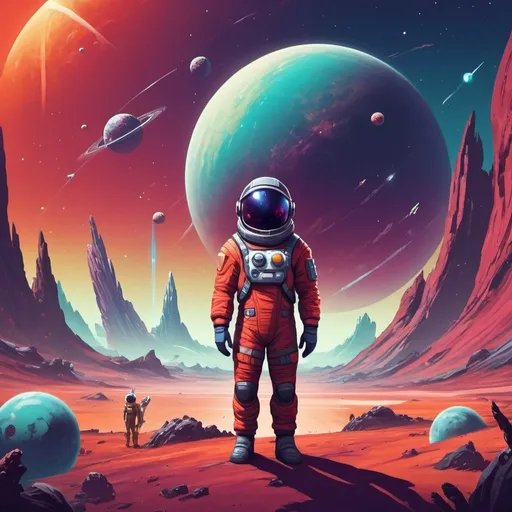 Prompt: No man sky game, spaceship and man in space suit on undiscovered planet, cartoon style