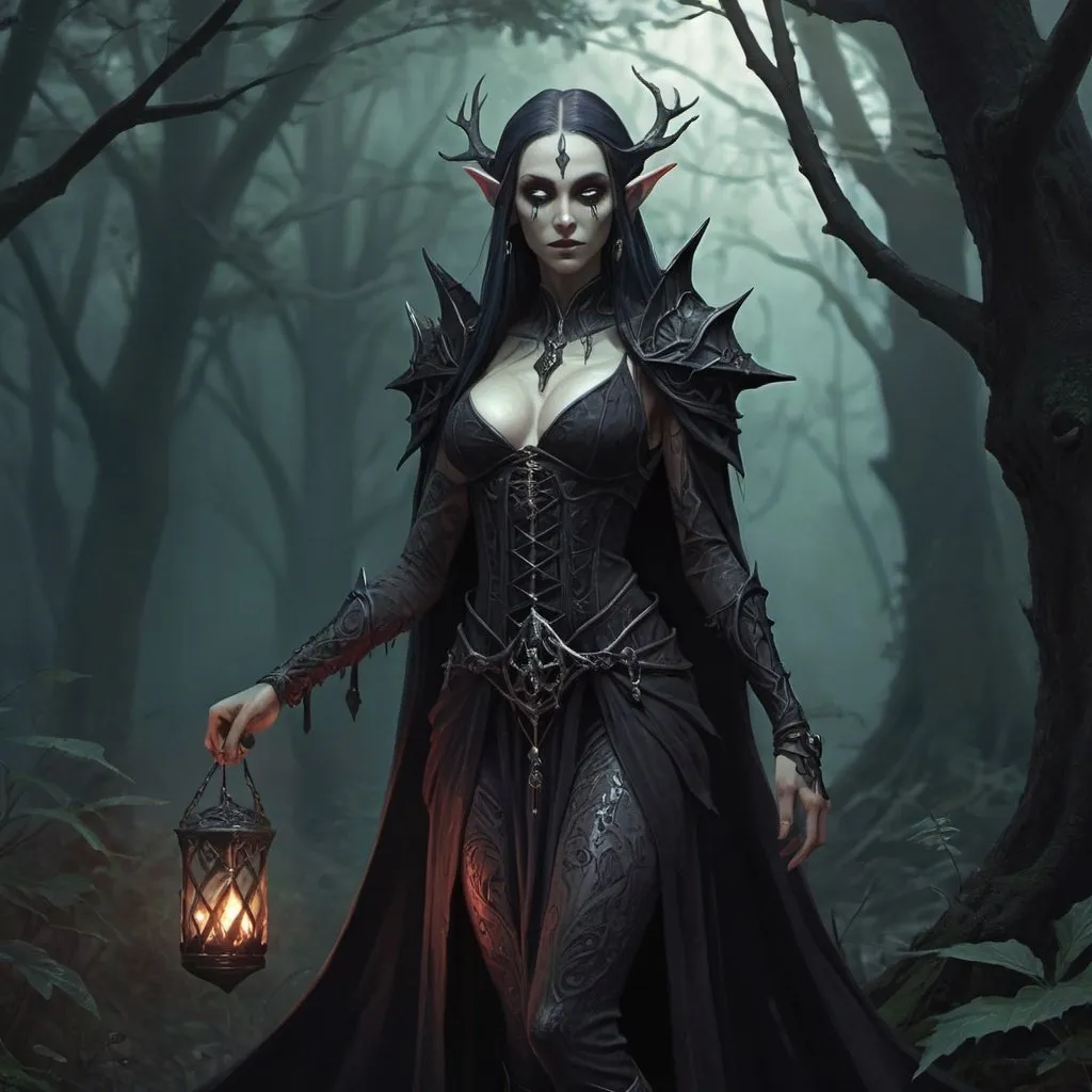 Prompt: Necromancer, elf female, dark mystical forest
