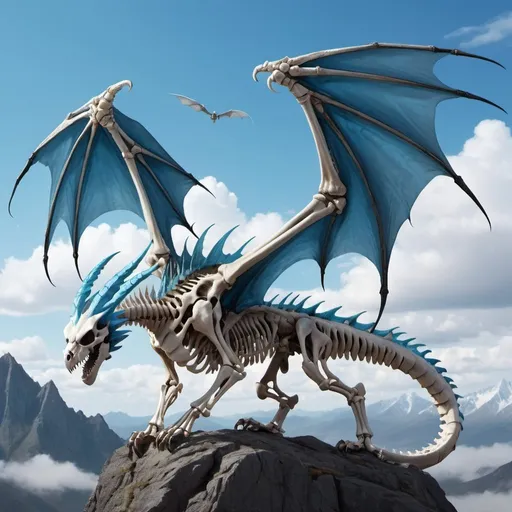 Prompt: skeleton dragon, big wings, big sharp teeth, blue eyes  roaming in sky