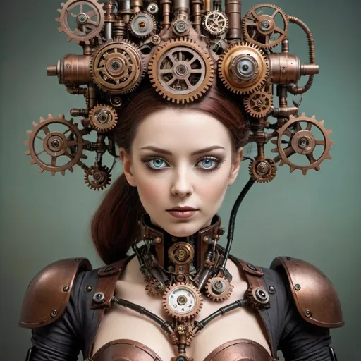 Prompt: Female steampunk android, steampunk, gears and springs, victorian, more robotic seeing parts in body