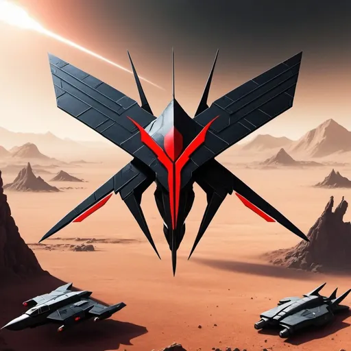 Prompt: commander and conquer, NOD, stealth aircraft fighter black and red scorpion tail logo, futuristic tehnology in tiberium field