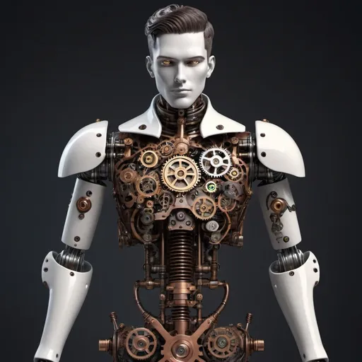 Prompt: Male steampunk android, steampunk, gears and springs, victorian, more robotic seeing parts in body