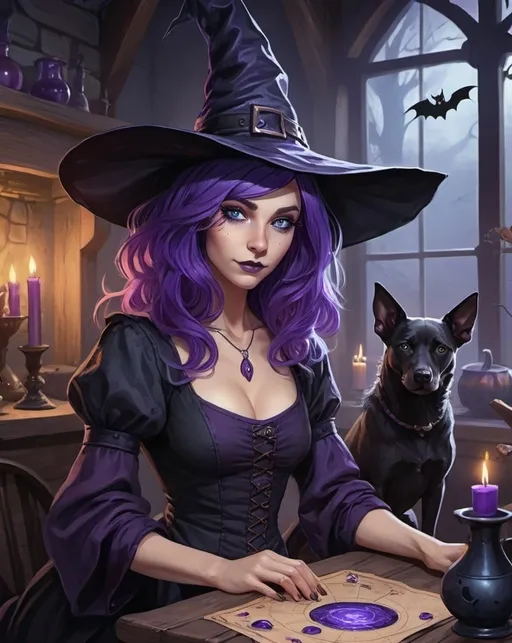 Prompt: Witch in house near alchemy table, purple hair, pretty with blue eyes, halloween themed,magic the gathering art style 2D, witch hat,satford  dog