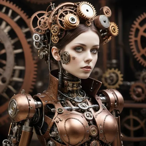 Prompt: Female steampunk android, steampunk, gears and springs, victorian, more robotic seeing parts in body