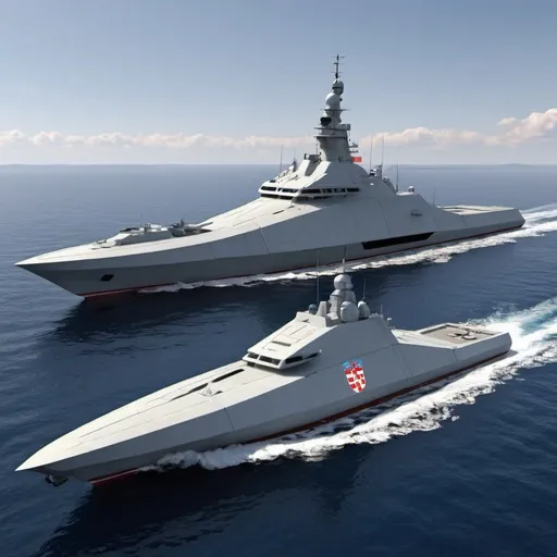Prompt: Croatian navy in future, fleet of ships and corvets, futuristic design,croatian flag
