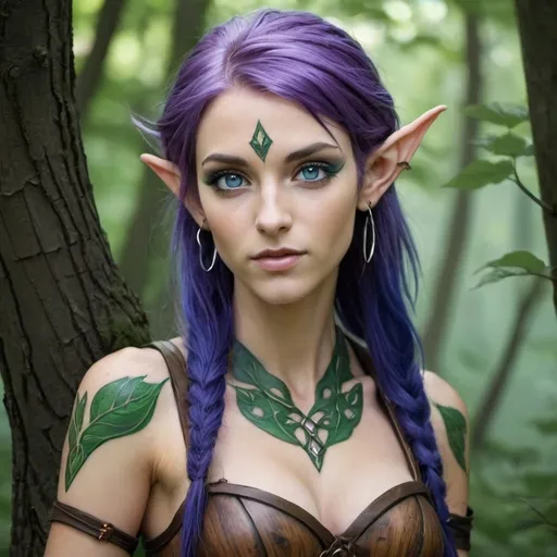 Prompt: Wood elf, purple hair, blue eyes, green tatto of wood elves, female,