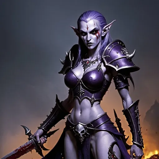 Prompt: Warhammer fantasy, female dark elves, bloody with knives, dark purple armor