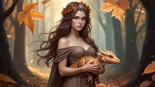 Prompt: fantasy female human goddess,dress with brown leaves, long brown hair, glowing skin, flower tiara, in deep woods in fall with small baby dragon in hands, fantasy art style