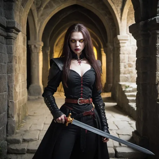 Prompt: Female vampire warrior, yellow eyes, holding sword, in castle