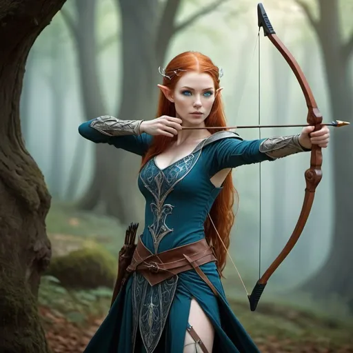 Prompt: Redhead Elven female arcane archer, blue eyes, fantasy setting, holding magical longbow full showing full body