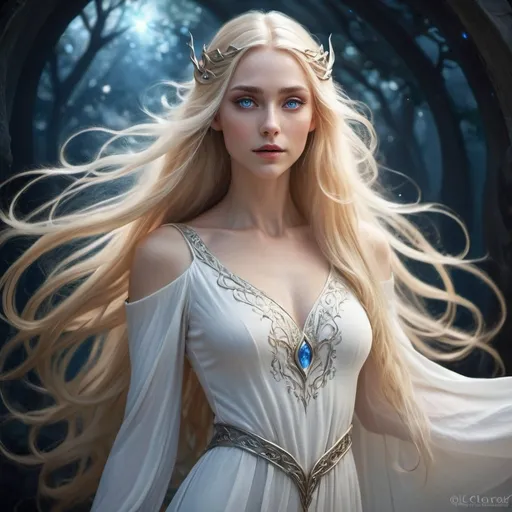 Prompt: Elven goddess with long blond hair, deep blue eyes, flowing white dress, fantasy art style, ethereal lighting, high quality, detailed facial features, beautiful and graceful, fantasy, long flowing hair, deep blue eyes, elegant dress, ethereal, high quality, detailed, fantasy art style, ethereal lighting