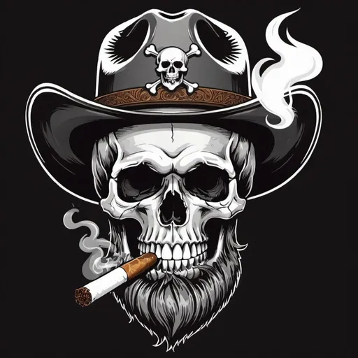 Prompt: skull smoking cigar with cowboy hat and beard