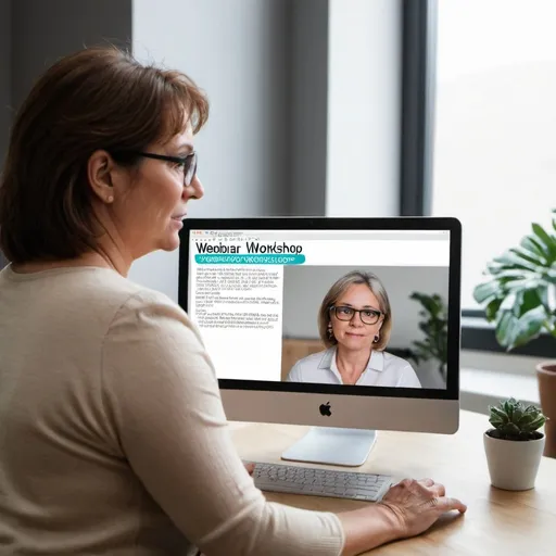 Prompt: middle aged woman watching a computer screen that says Webinar Workshop
