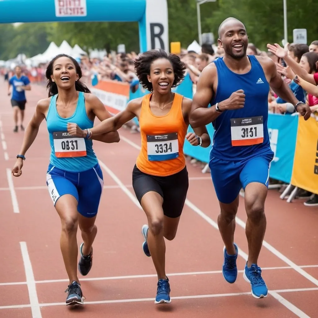 Prompt: create finish line event when 3 people with deferent nation and race get close in finish line. 