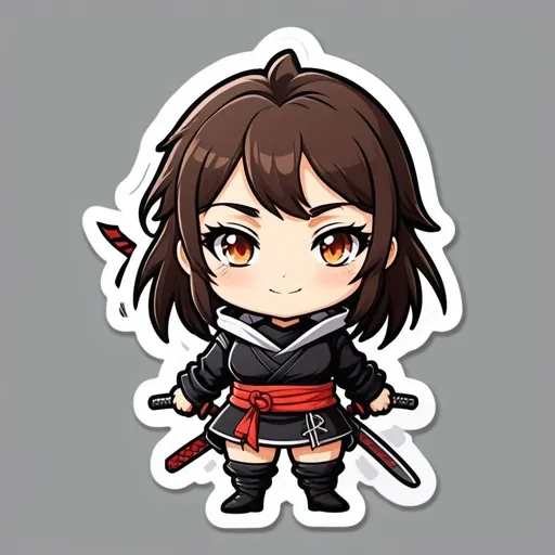 Prompt: Create a character to play in anime style. This girl is a thief, her characteristics are:
brunette, has an evil smile, in a ninja costume