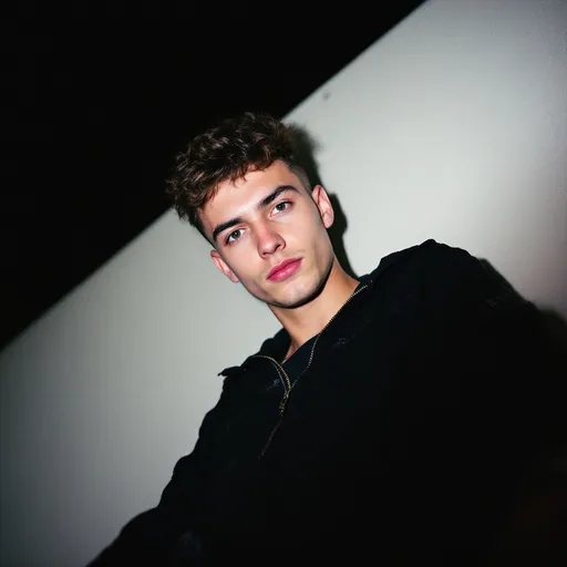 Prompt: Under a darkened sky, a young man gazes directly into the camera, exuding a relaxed yet confident demeanor. He sports a stylish, textured hairstyle, with his facial features softly illuminated by ambient light, highlighting his focused expression. Wearing a black zip-up jacket adorned with subtle patterns, he leans forward slightly, creating a sense of intimacy in the portrait. The textured fabric of his clothing cascades around him, contrasting against the plain backdrop of a wall, while his posture suggests a casual moment amidst an urban setting. The overall atmosphere is one of modern youthfulness, captured in a snapshot that feels both personal and relatable.