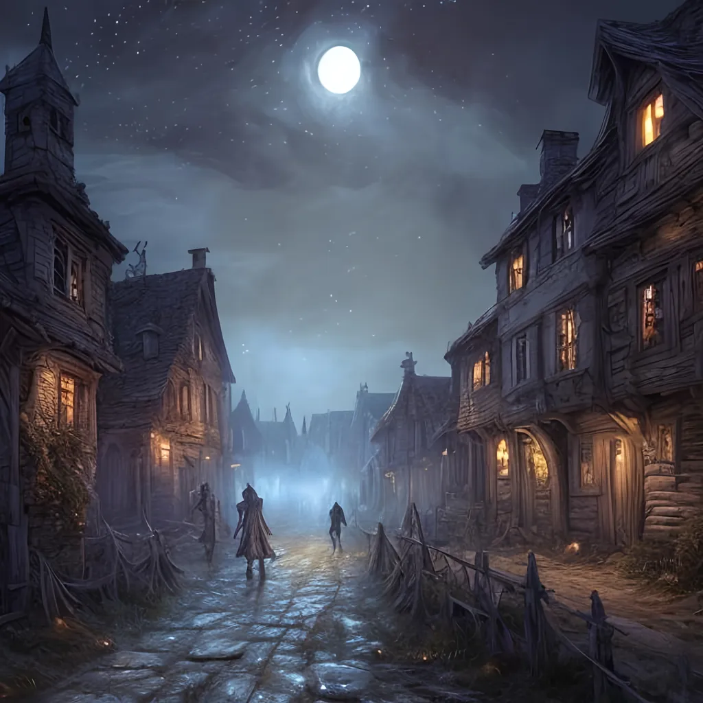 Prompt: Haunted medieval countryside village with undead spectral apparitions on a dark abandoned main street with a hanging gallow, moons and stars, detailed_fantasy_background, hyperdetailed, realism; incredible composition; dynamic_lighting; meticulously composed concept art, fascinating_stars, masterpiece, mystic fog, digital illustration, Reflections, cell-shaded, Volumetric_lighting