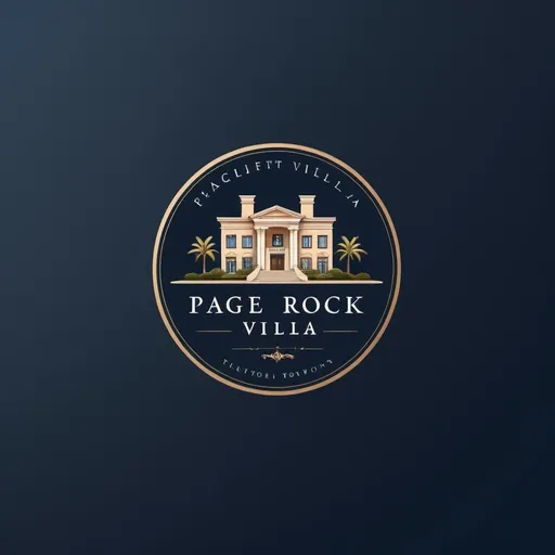 Prompt: Create a professional and elegant logo for 'Page Rock Villa'. The design should incorporate elements that reflect sophistication and stability, suitable for a high-end brand. The text 'Page Rock Villa' should be prominently featured, with a refined and stylish font. The overall color scheme should include a dark blue background, complemented by contrasting colors for the text and any additional design elements to ensure clarity and visual appeal. Consider incorporating subtle graphic elements or icons that convey luxury, such as a villa outline, rocks, or a villa facade.