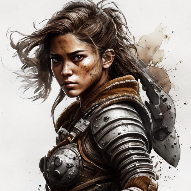 Prompt: Movie Poster black and white of ultra detailed portrait of a women with brown hair and brown eyes as a female warrior  from apex, full body,  high quality cell shaded illustration in post apocalyptic style ((full body)), dynamic pose, perfect anatomy, centered, freedom, soul, approach to perfection, cell shading, 4k , cinematic dramatic atmosphere, watercolor painting, global illumination, detailed and intricate environment, artstation, concept art, fluid and sharp focus, volumetric lighting, cinematic lighting

