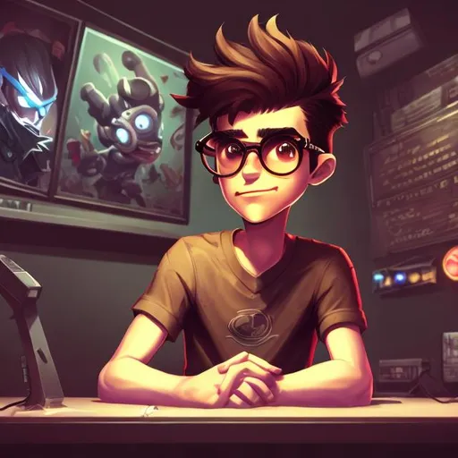 Prompt: Illustration of a young man with dark brown short hair, brown eyes, classic glasses, sitting in a gaming room, 3d, cartoon, led atmosphere, league of legends
