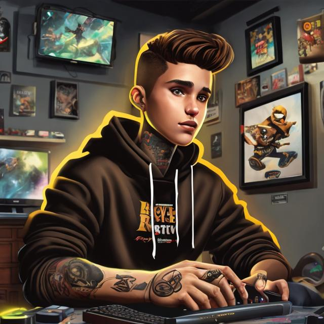 Prompt: A painting of a young man with short brown hair, brown eyes, one arm tattooed, black hoodie sitting in his gaming room, disney, 3d, warm led atmosphere 