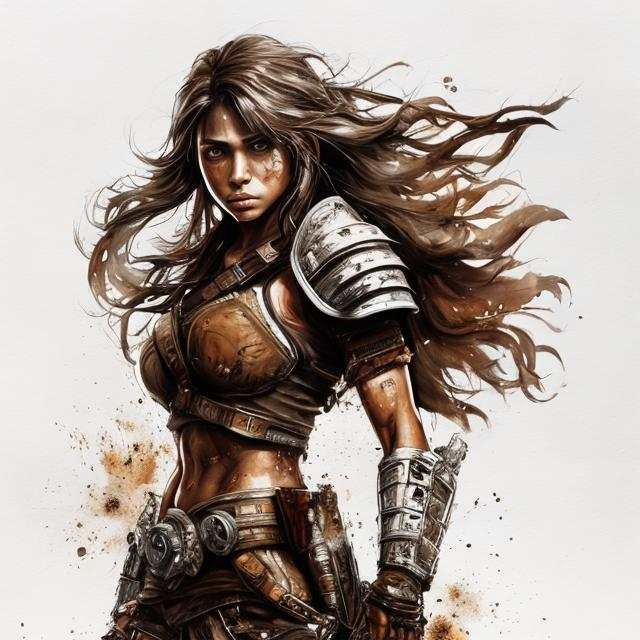 Prompt: Movie Poster black and white of ultra detailed portrait of a women with brown hair and brown eyes as a female warrior  from apex, full body,  high quality cell shaded illustration in post apocalyptic style ((full body)), dynamic pose, perfect anatomy, centered, freedom, soul, approach to perfection, cell shading, 4k , cinematic dramatic atmosphere, watercolor painting, global illumination, detailed and intricate environment, artstation, concept art, fluid and sharp focus, volumetric lighting, cinematic lighting
