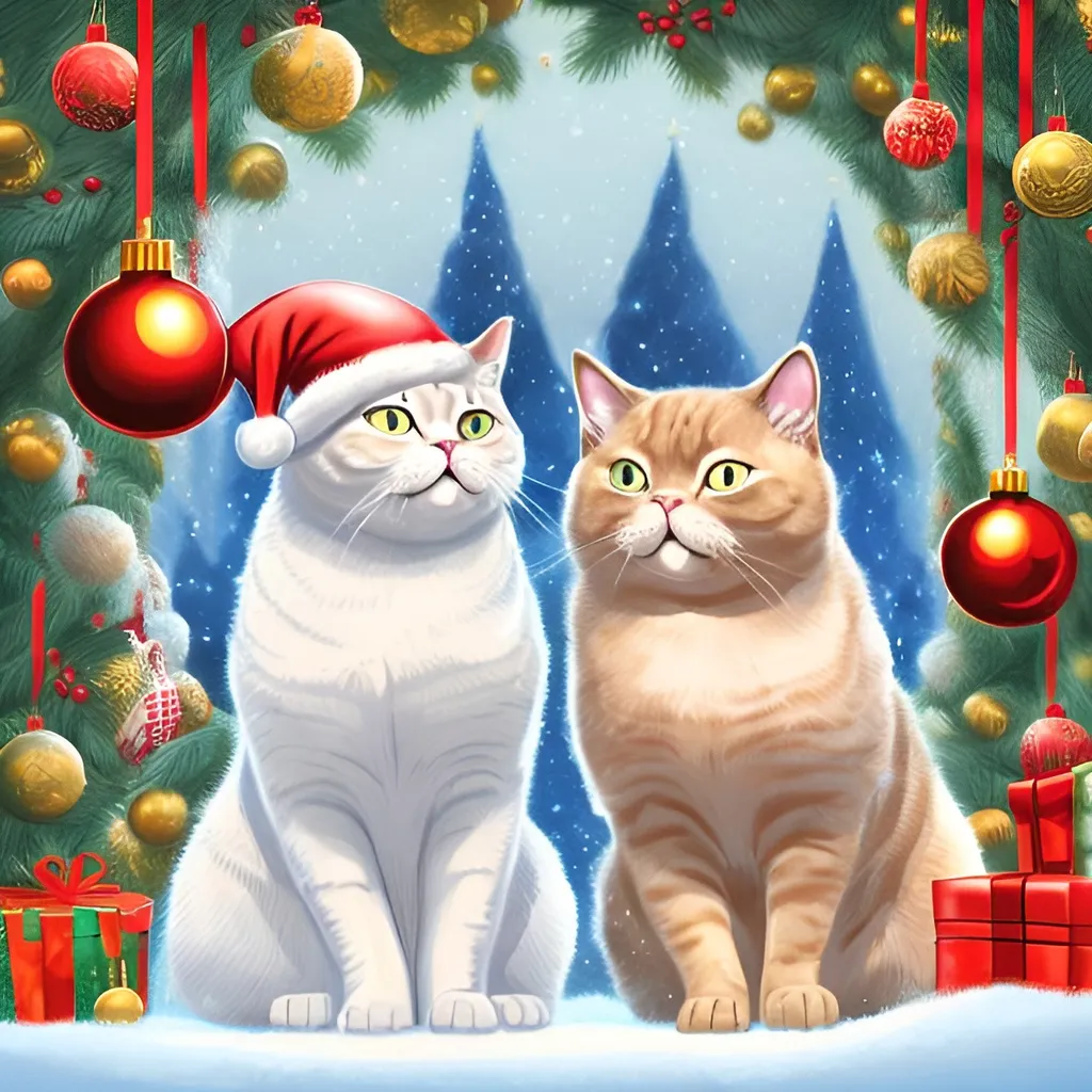 Prompt: Digital illustration of two cats under a Christmas tree, one bigger, round heads, British Shorthair Disney, detailed white fur, big blue eyes, festive holiday setting, warm and magical lighting, high quality, magical atmosphere, digital art, detailed fur, festive, heartwarming, magical lighting, Christmas, holiday, warm tones, detailed eyes, professional