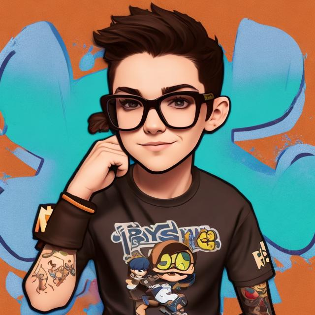 Prompt: Boy with short dark brown hair, brown eyes, disney, funky pop, one arm sleeve tattoed, sitting in his gaming room, background text „nerd Myggy“