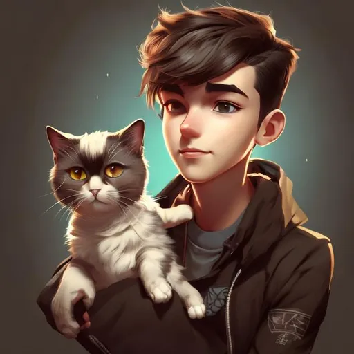 Prompt: Illustration, Young man, dark brown short hair, undercut, brown eyes, gaming, 3d, disney character, gaming room, pc, with two white cats