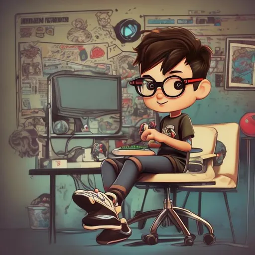Prompt: Boy with short dark brown hair, brown eyes, disney, funky pop, one arm sleeve tattoed, sitting in his gaming room, background text „nerd Myggy“