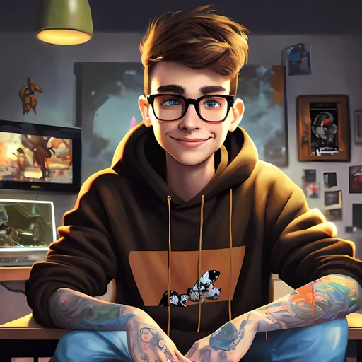 Prompt: A painting of a young man with short brown hair, brown eyes, wearing glasses one arm tattooed, black hoodie sitting in his gaming room, disney, 3d, warm led atmosphere, two cats sitting next to him