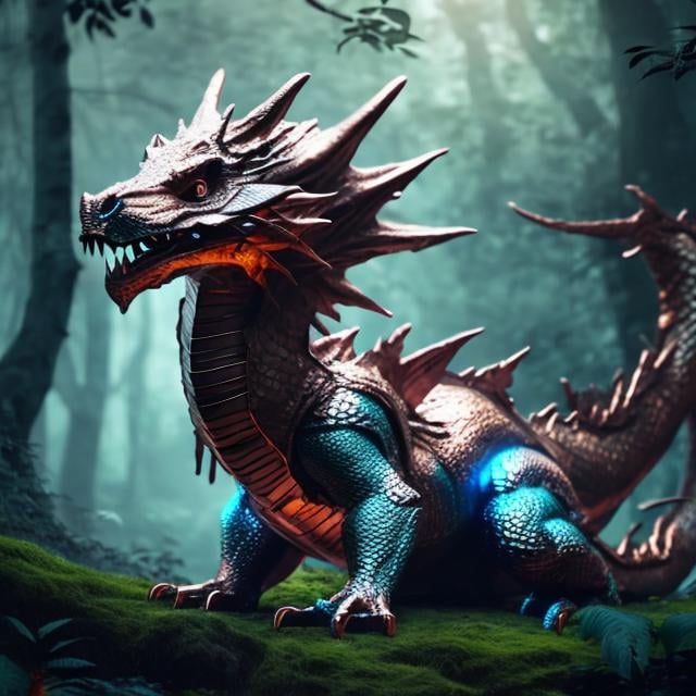 Prompt: baby cute rose gold dragon sitting in a lush magical light filled forest, dnd character, background focus, fantasy, magic, realistic textured skin, gradient color scales on under wings, komodo stance, big glowing eyes, topaz gigapixel upscale --ar 9:16 --quality 2 --version 3