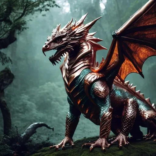 Prompt: handsome cute rose gold dragon sitting in a lush forest, dnd character, background focus, fantasy, magic, realistic textured skin, eagle feather, falcon wings, lizard legs, raptor, komodo stance, big glowing eyes, topaz gigapixel upscale --ar 9:16 --quality 2 --version 3