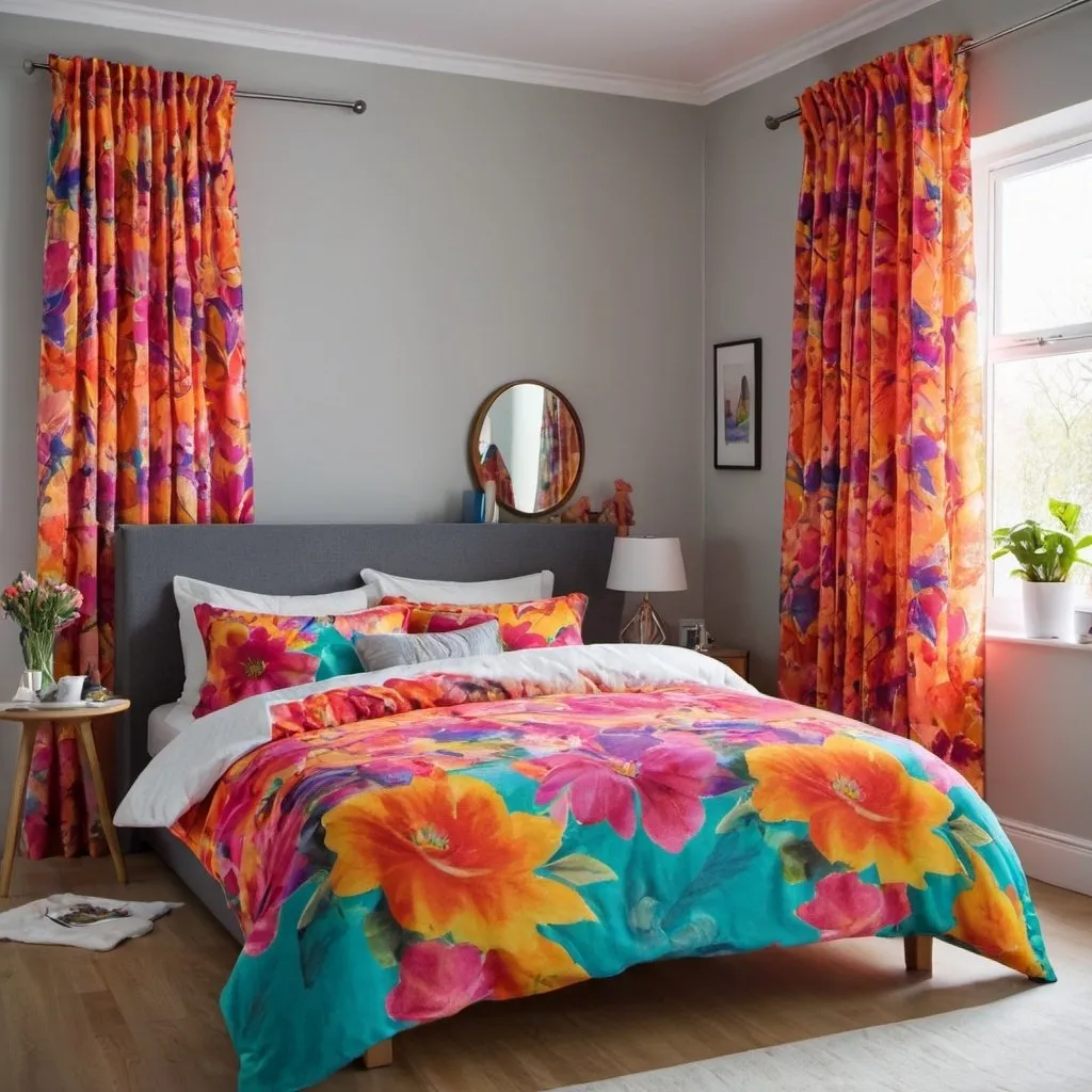 Prompt: create a bedroom image with printed bright colour curtains and bed
