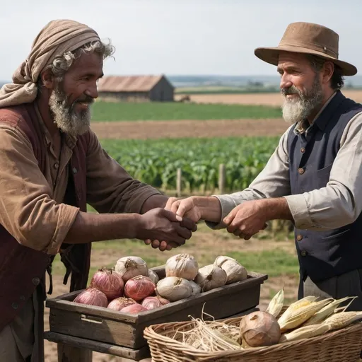 Prompt: close up of hands exchanging goods in an acient barter between two mans witha farm in background