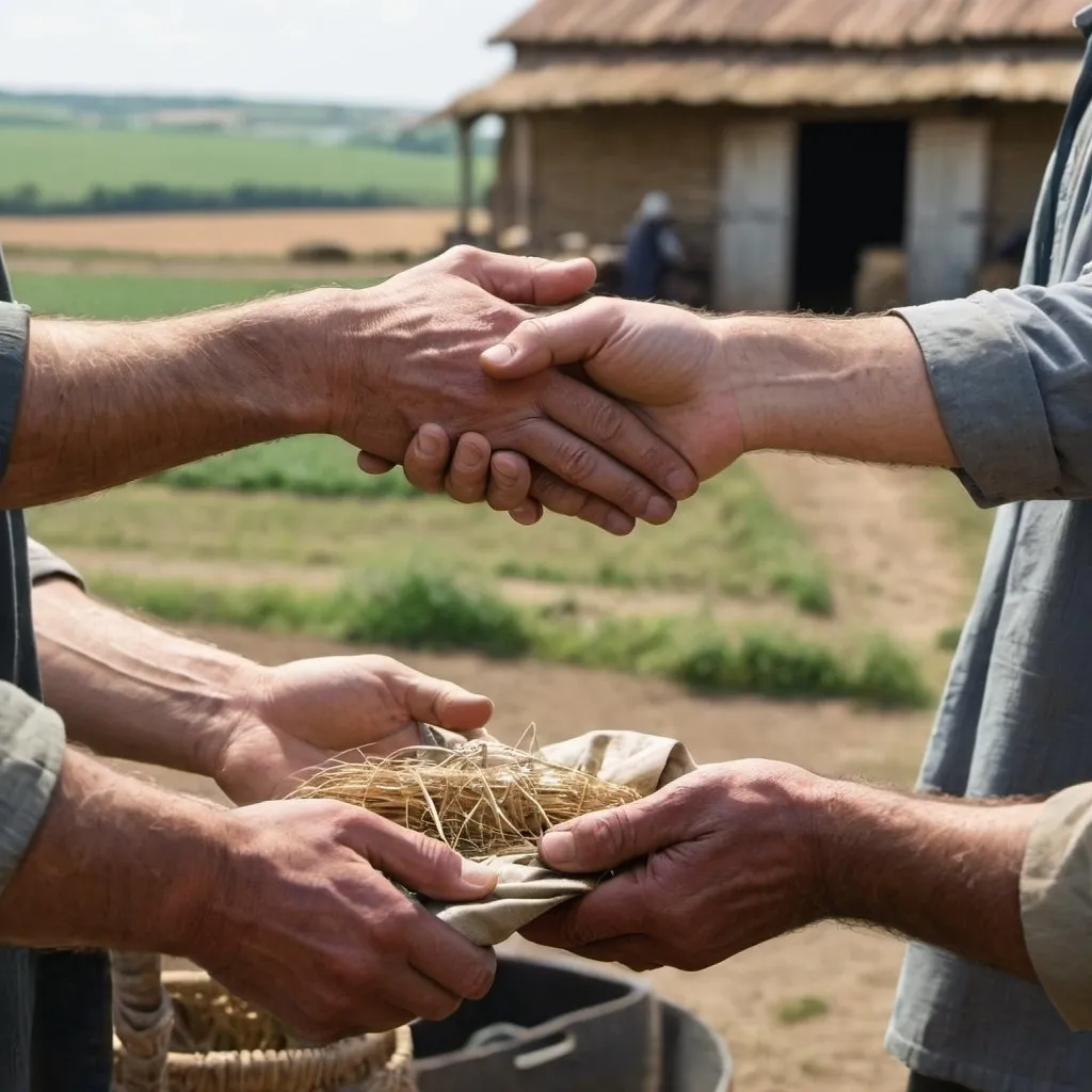 Prompt: close up of hands exchanging goods in an acient barter between two mans witha farm in background