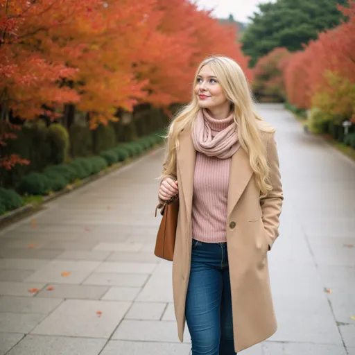 Prompt: @FT7jWBl5Yqa19eAYqS5U  ultra-realistic full-body photo of a young blonde woman with long, soft wavy hair, walking along a quiet path lined with vibrant red and orange maple trees in Kyoto, Japan. She is dressed in a cozy beige wool coat, a ribbed turtleneck sweater, straight-leg blue jeans, and ankle boots. A light scarf is wrapped around her neck, and she carries a brown leather shoulder bag. Her expression is relaxed and content as she looks to the side, admiring the foliage. The weather is cool and overcast, with soft diffused light filtering through the clouds, giving the scene a calm, moody atmosphere. Fallen leaves scatter across the stone path beneath her. Her hands are tucked in her coat pockets, and the air feels crisp — a peaceful autumn afternoon in Japan, captured in natural, editorial photography style.--v 6 --ar 2:3 --style photographic --style fashion --style natural --q 2 --uplight --hd