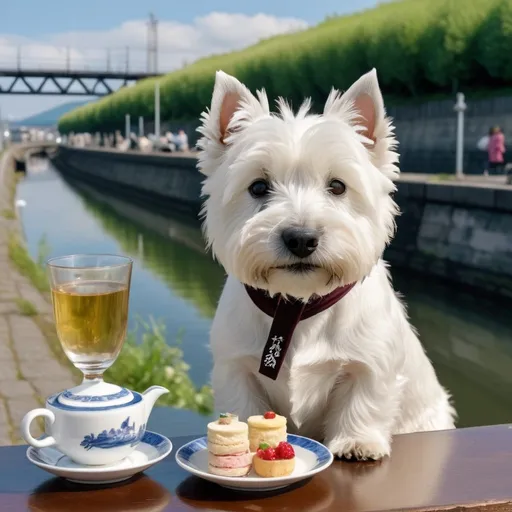Prompt: A white West Highland Terrier happily drinks afternoon tea with the Otaru Canal in Hokkaido in the background. The clothes are detailed and the light is realistic and natural.