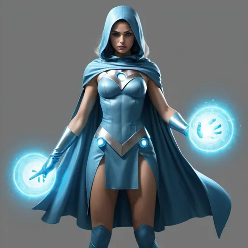 Prompt: design a super hero outfit for a superhero called materia, she has the power to of matter manipulation so basically she can warp and duplicate things, make it light blue with silver accents.