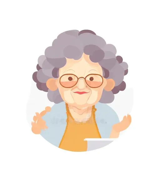 Prompt: An illustration of a grandma. There is only one character.
 The old woman holds a baking tray in her hands.
The background is white and the color scheme of the grandma is warm. The old woman wants short curly hair. The style of the illustration must be minimalist
for logo
