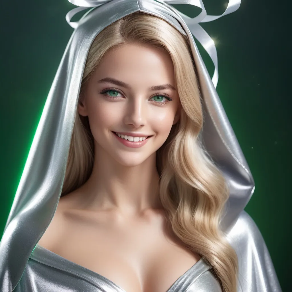 Prompt: young white woman smiling, wearing a floor length glossy silver cloak tied at the neck with ribbon , long blonde hair, green eyes, athletic build, lifelike , ultra-realistic, full body showing, high-resolution portrait,  hyper detailed perfect face, full body, long legs, perfect body, high-resolution cute face, perfect proportions, intricate Hyperlink hair, sparkling, highly detailed, intricate Hyperlink shining eyes, Elegant, ethereal, graceful, HDR, UHD, high res, 64k, cinematic lighting, special effects,