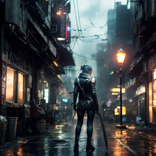 Prompt: A woman, 30, Seraphina, single character, full body, front facing image, with ice blue eyes, darker grey hair with light silver highlights, beautiful, black leather combat boots, jeans, a black biker jacket, a sword strapped across her back, in a grungy urban cyberpunk cityscape, lightening shoots and surrounds her sword, photorealistic, 8k, fantasy digital art, HDR, UHD, Cinematic Lighting, ethereal light, intricate details, extremely detailed, incredible details, full colored, complex details, insanely detailed and intricate, hyper maximalist, extremely detailed with rich colors. masterpiece, best quality,