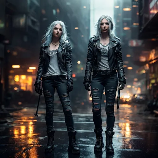 Prompt: A woman, 30, single character, full body, front facing image, with ice blue eyes, darker grey hair with light silver highlights, beautiful, black leather combat boots, jeans, a black biker jacket, a sword strapped across her back, in a grungy urban cyberpunk cityscape, lightening shoots and surrounds her sword, photorealistic, 8k, fantasy digital art, HDR, UHD, Cinematic Lighting, ethereal light, intricate details, extremely detailed, incredible details, full colored, complex details, insanely detailed and intricate, hyper maximalist, extremely detailed with rich colors. masterpiece, best quality,